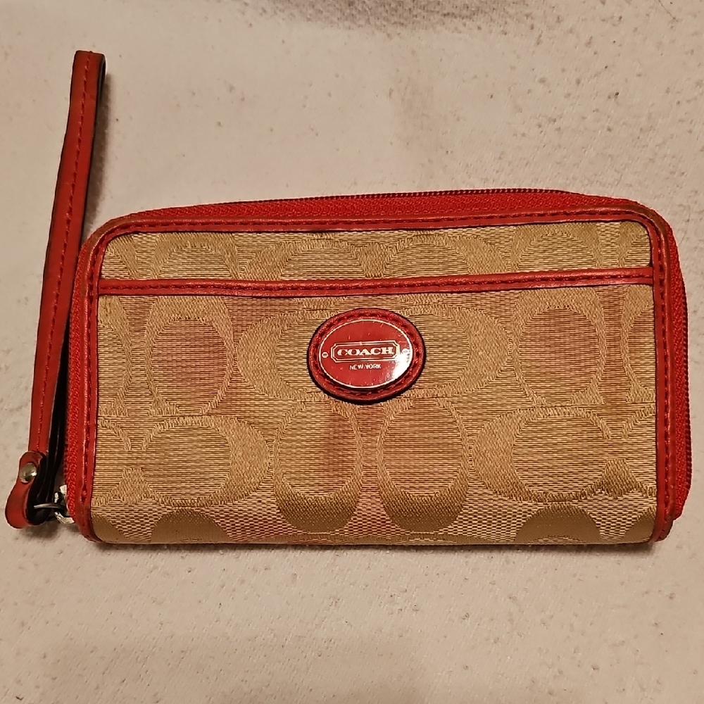 Coach Red and Tan Signature Wristlet
